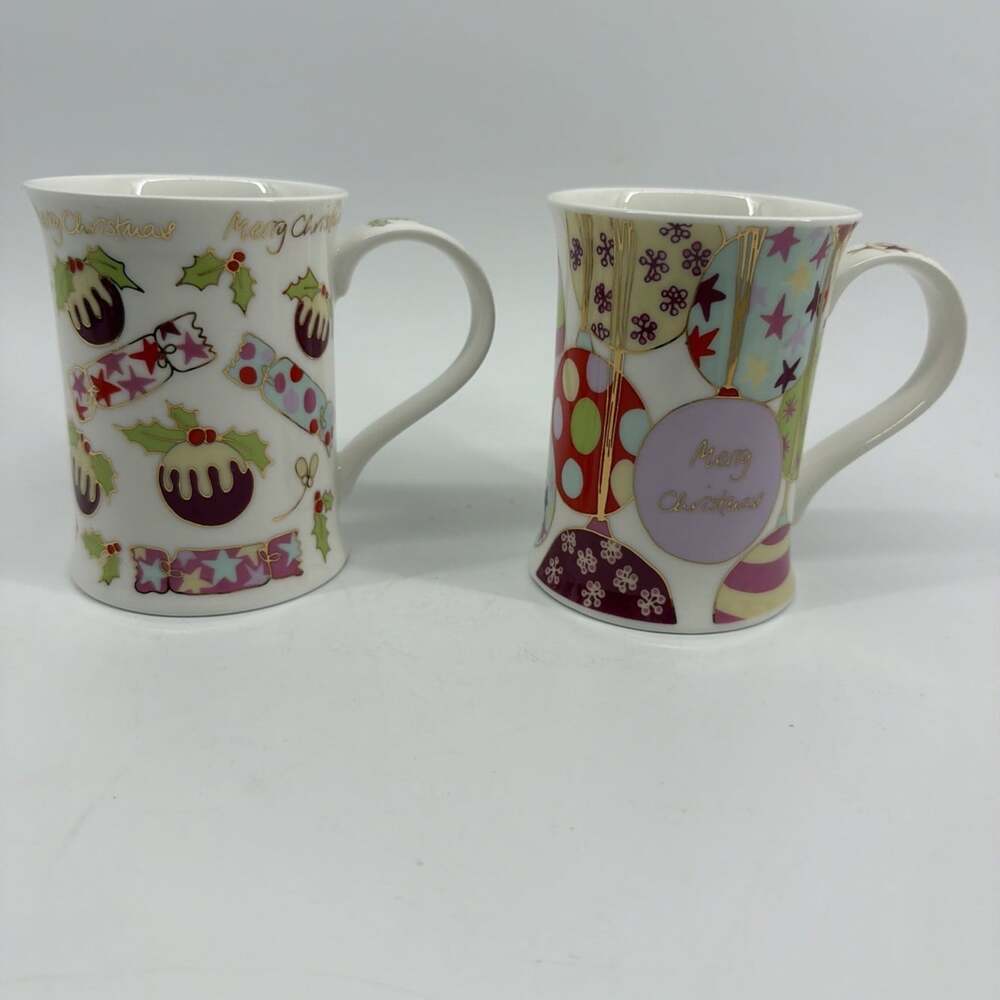 2 Dunoon Merry Christmas Bone China Mugs By Tracy Atkin Pastel Candy & Ornaments